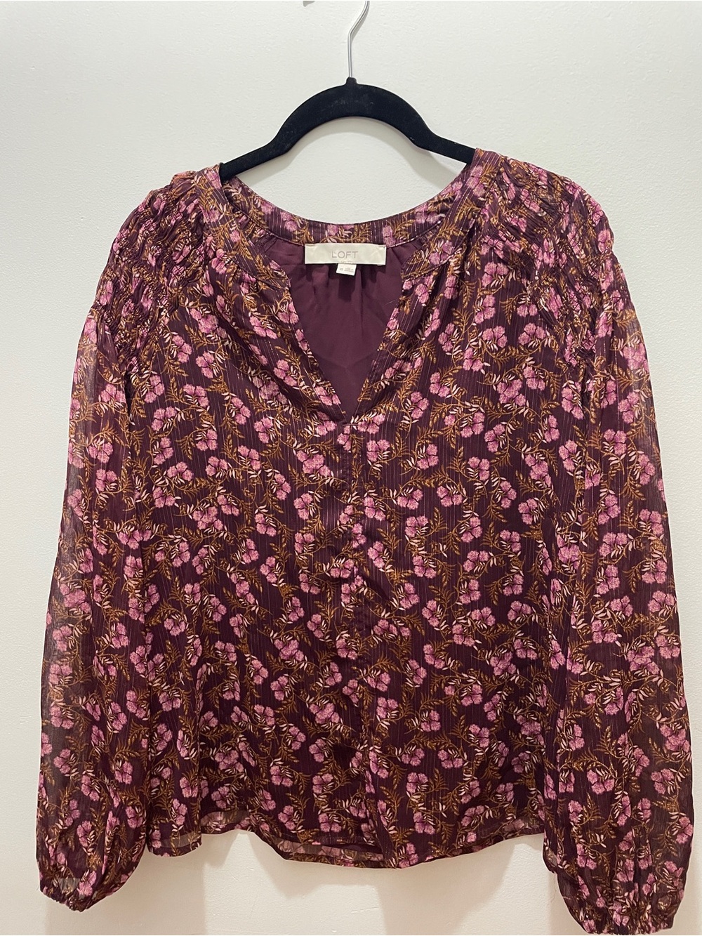 LOFT Plum Floral V-Neck Pullover Blouse